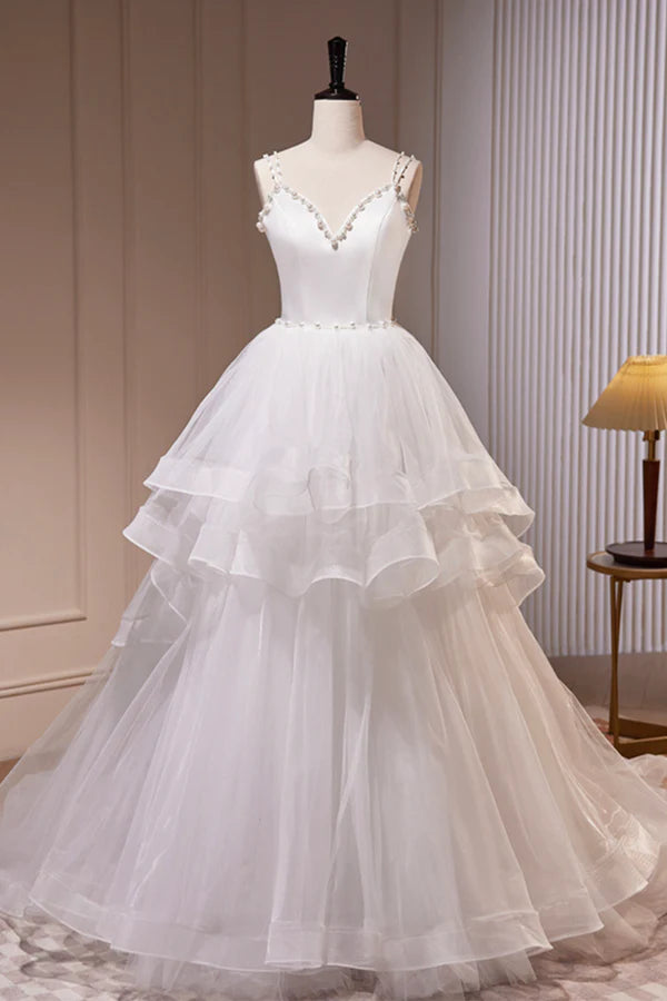Wholesale White V-Neck Tulle Long Prom Dress A-Line Evening Dress with Train