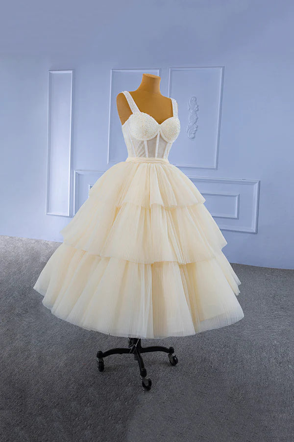 Wholesale Champagne Tulle Short Prom Dress with Beaded A-Line Tea Length Party Dress