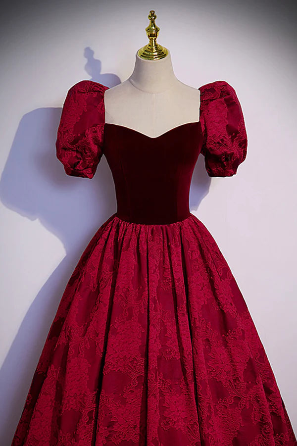 Wholesale Burgundy Velvet Long A-Line Prom Dress Burgundy Short Sleeve Evening Dress