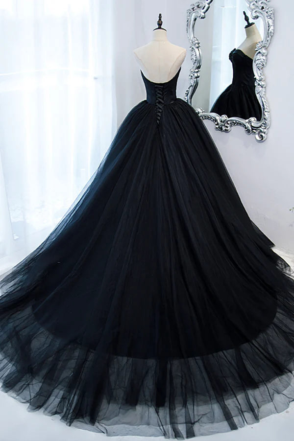 Wholesale Black Strapless Tulle Long A-Line Prom Dress Black Formal Evening Gown
