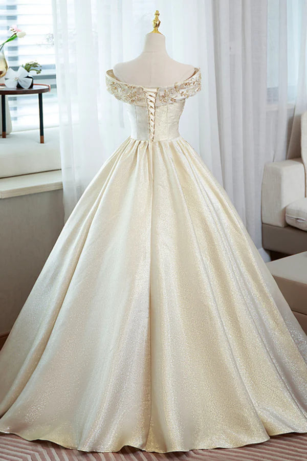 Wholesale Champagne Satin Long Prom Dress with Beaded V-Neck Evening Party Dress