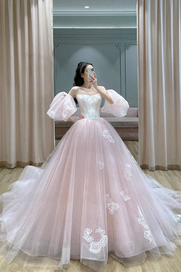 Wholesale Pink Tulle Lace Long A-Line Princess Dress Cute Puff Sleeve Sweet 16 Dress