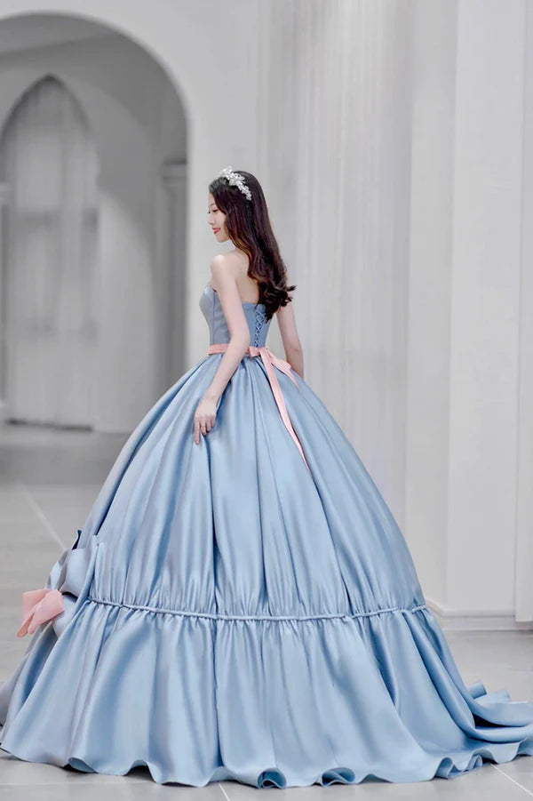 Wholesale Blue Satin Long Princess Dress Cute Short Sleeve Ball Gown Sweet 16 Dress