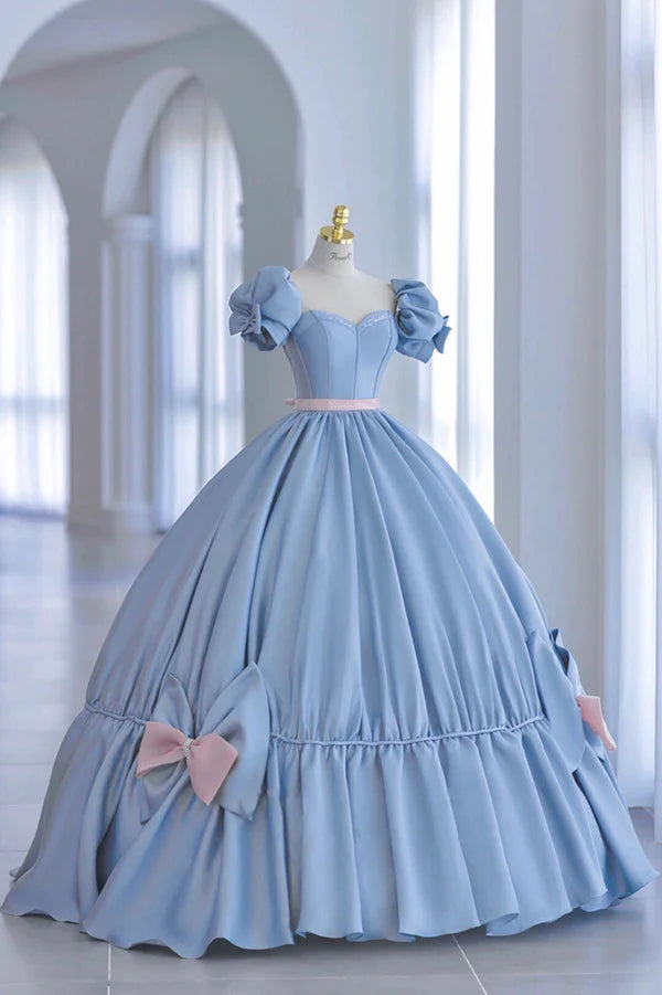 Wholesale Blue Satin Long Princess Dress Cute Short Sleeve Ball Gown Sweet 16 Dress