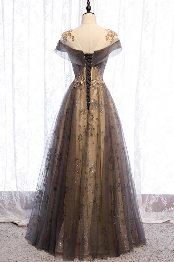 Wholesale Gray Scoop Tulle Sequins Long Prom Dress A-Line Evening Party Dress