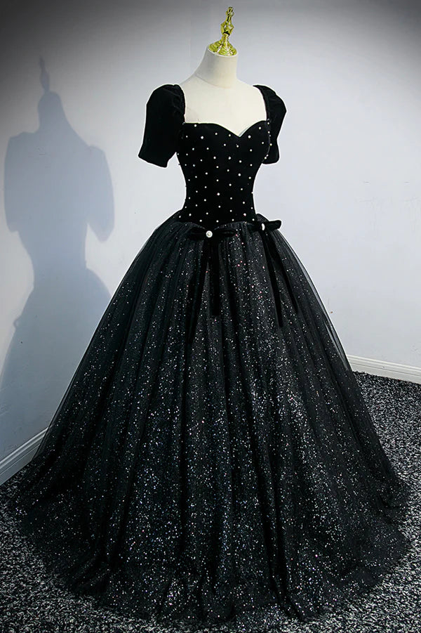 Wholesale Black Velvet Tulle Long Ball Gown Black A-Line Formal Evening Gown