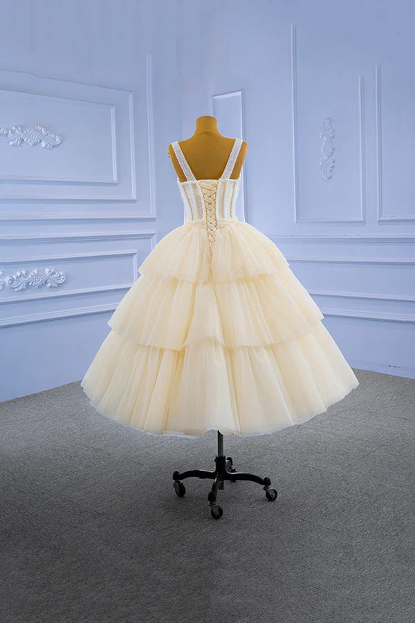 Wholesale Champagne Tulle Short Prom Dress with Beaded A-Line Tea Length Party Dress