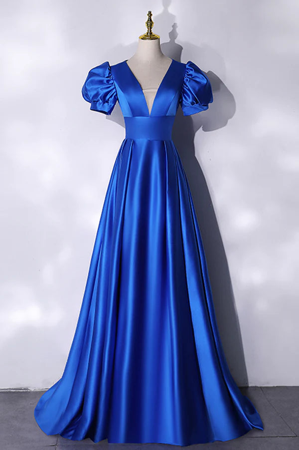 Wholesale Blue V-Neck Satin Long Prom Dress Simple Blue Evening Party Dress