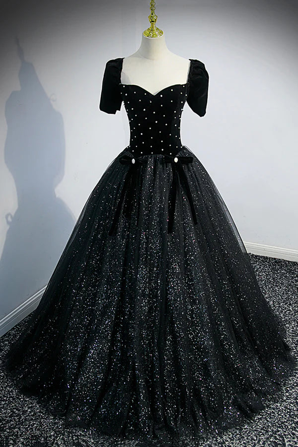 Wholesale Black Velvet Tulle Long Ball Gown Black A-Line Formal Evening Gown