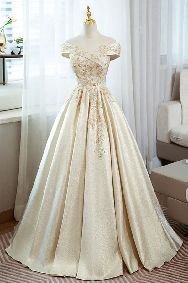 Wholesale Champagne Satin Long Prom Dress with Beaded V-Neck Evening Party Dress