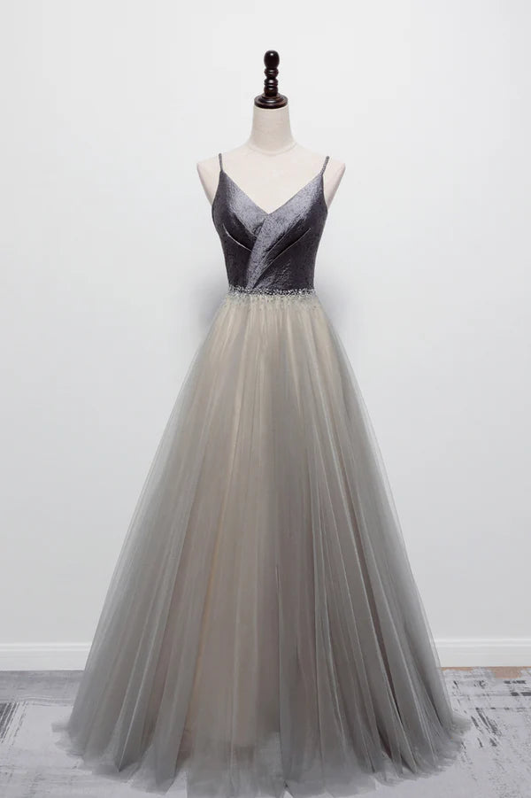 Wholesale Gray Tulle Long A-Line Prom Dress V-Neck Spaghetti Straps Evening Dress