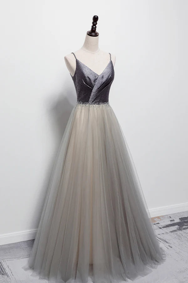 Wholesale Gray Tulle Long A-Line Prom Dress V-Neck Spaghetti Straps Evening Dress
