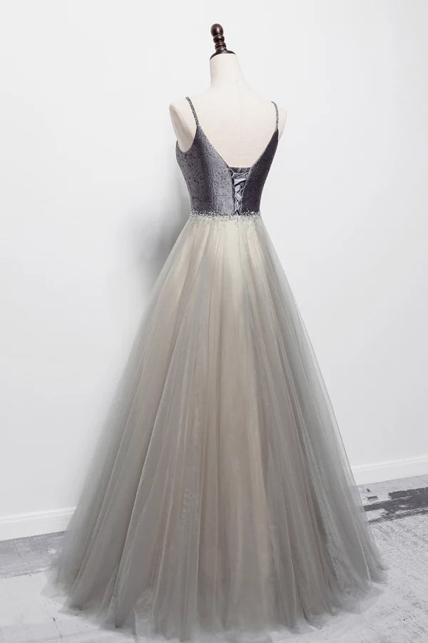 Wholesale Gray Tulle Long A-Line Prom Dress V-Neck Spaghetti Straps Evening Dress