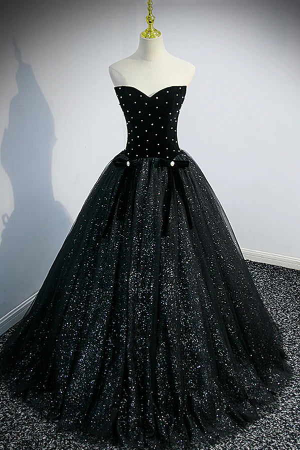 Wholesale Black Velvet Tulle Long Ball Gown Black A-Line Formal Evening Gown