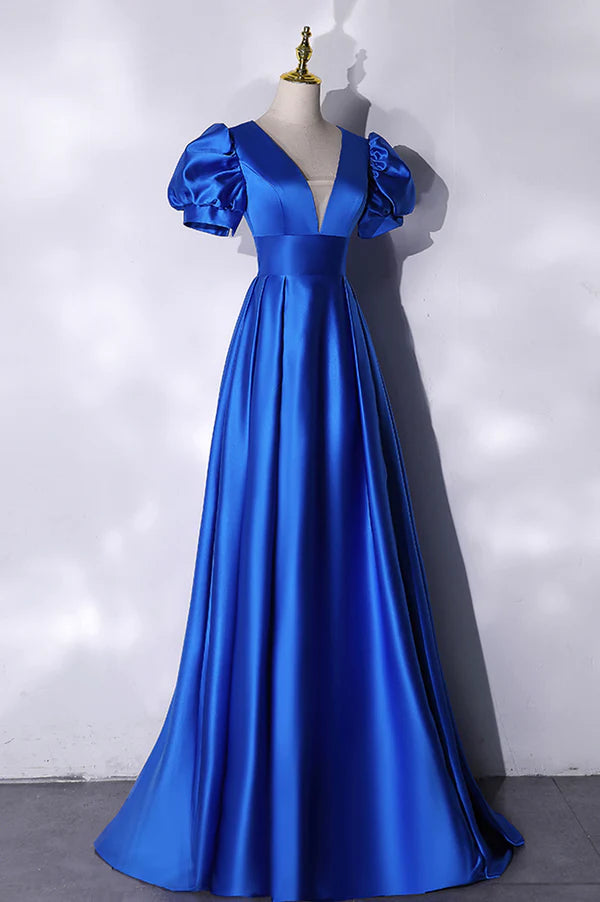 Wholesale Blue V-Neck Satin Long Prom Dress Simple Blue Evening Party Dress