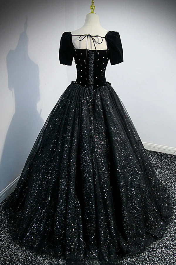 Wholesale Black Velvet Tulle Long Ball Gown Black A-Line Formal Evening Gown