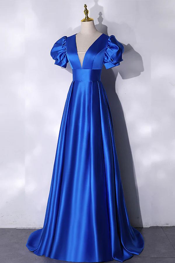 Wholesale Blue V-Neck Satin Long Prom Dress Simple Blue Evening Party Dress