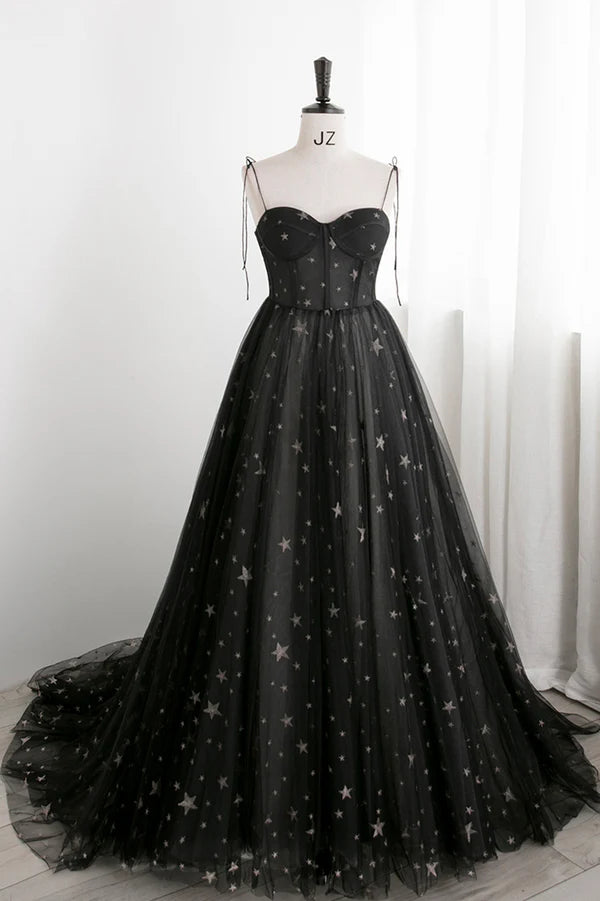 Wholesale Black Tulle Long Prom Dress with Stars Cute Spaghetti Straps Graduation Dress
