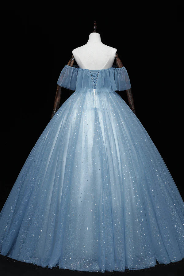 Wholesale Blue Tulle Lace Long A-Line Ball Gown Off the Shoulder Formal Evening Gown