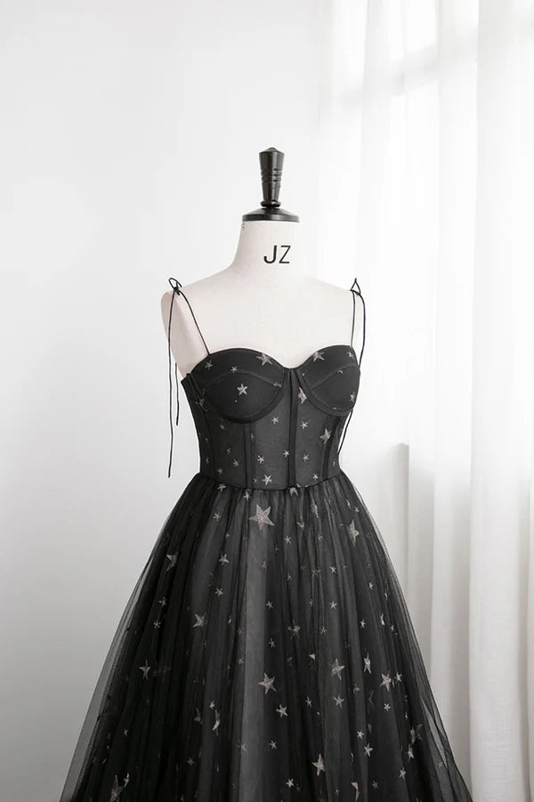 Wholesale Black Tulle Long Prom Dress with Stars Cute Spaghetti Straps Graduation Dress