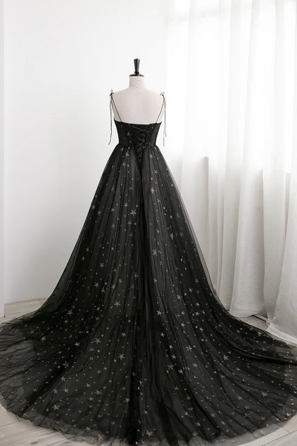 Wholesale Black Tulle Long Prom Dress with Stars Cute Spaghetti Straps Graduation Dress