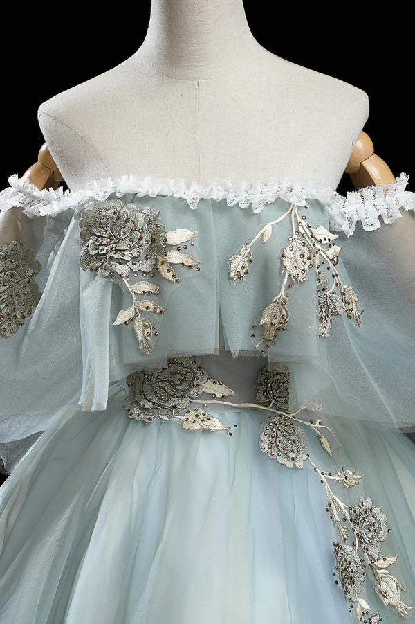 Wholesale Green Lace Long A-Line Off the Shoulder Prom Dress Beautiful Evening Party Dress