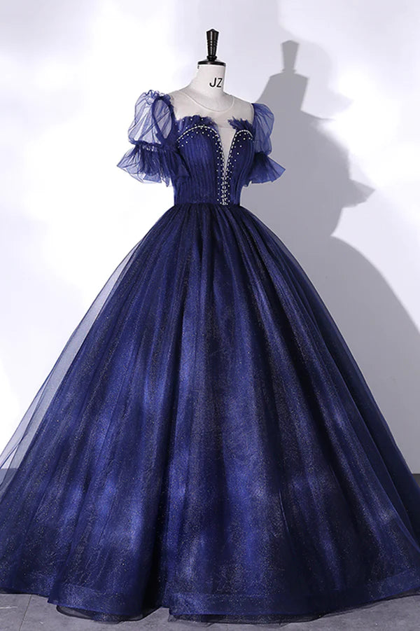 Wholesale Blue Scoop Neckline Tulle Long Prom Dress A-Line Short Sleeve Evening Gown