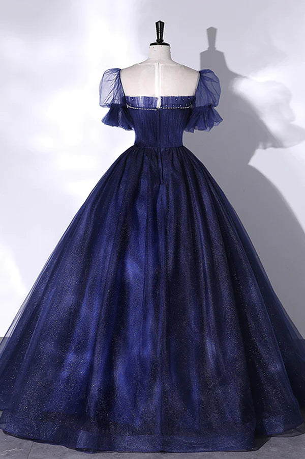 Wholesale Blue Scoop Neckline Tulle Long Prom Dress A-Line Short Sleeve Evening Gown