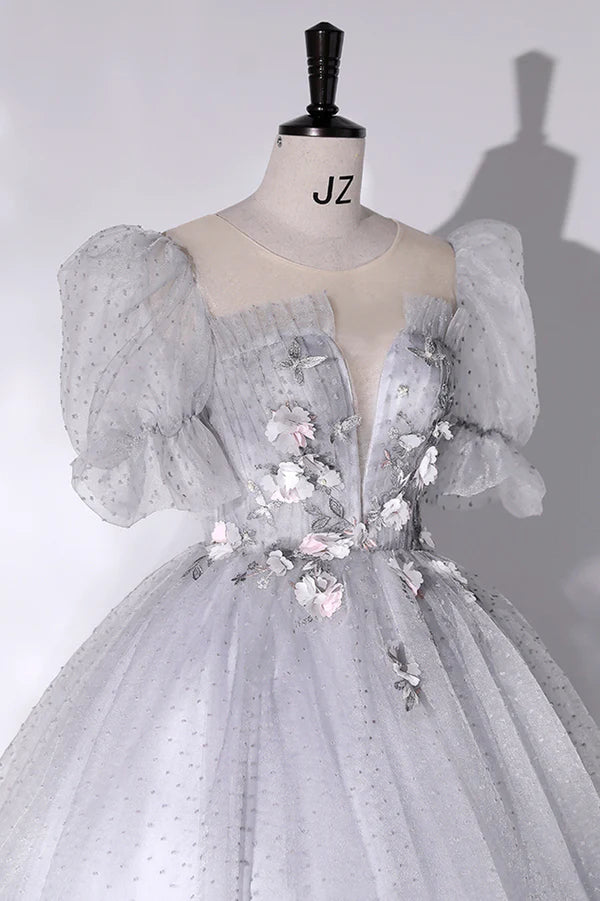 Wholesale Gray Tulle Long A-Line Ball Gown Gray Short Sleeve Evening Gown