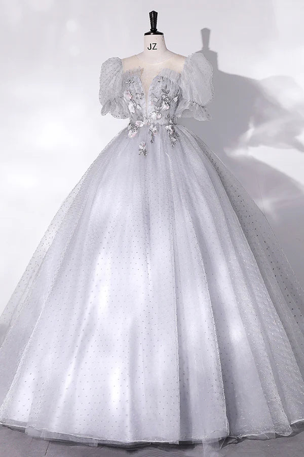 Wholesale Gray Tulle Long A-Line Ball Gown Gray Short Sleeve Evening Gown
