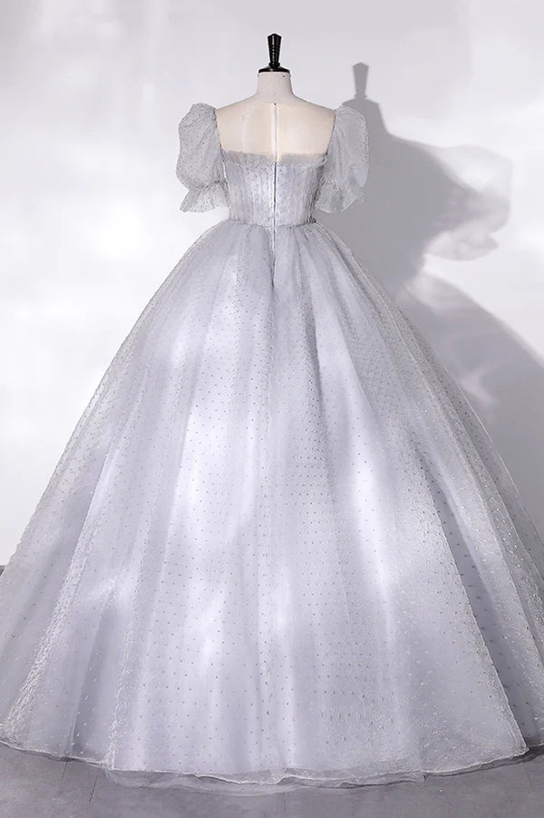 Wholesale Gray Tulle Long A-Line Ball Gown Gray Short Sleeve Evening Gown