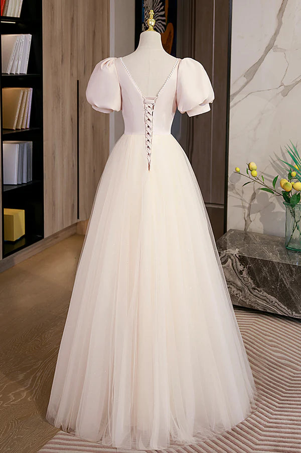 Wholesale Cute Satin Tulle Long Prom Dress A-Line Short Sleeve Evening Dress