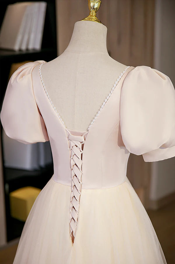 Wholesale Cute Satin Tulle Long Prom Dress A-Line Short Sleeve Evening Dress