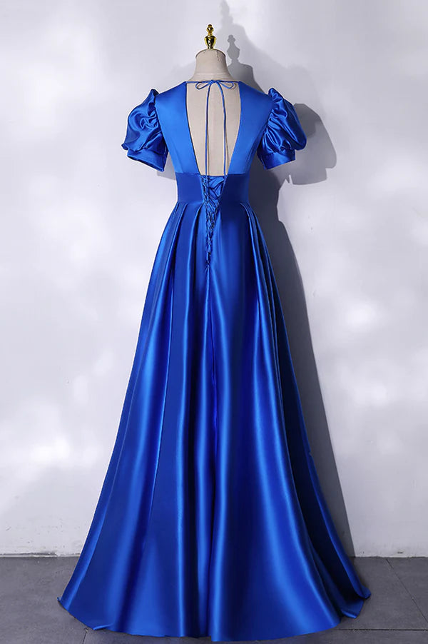 Wholesale Blue V-Neck Satin Long Prom Dress Simple Blue Evening Party Dress