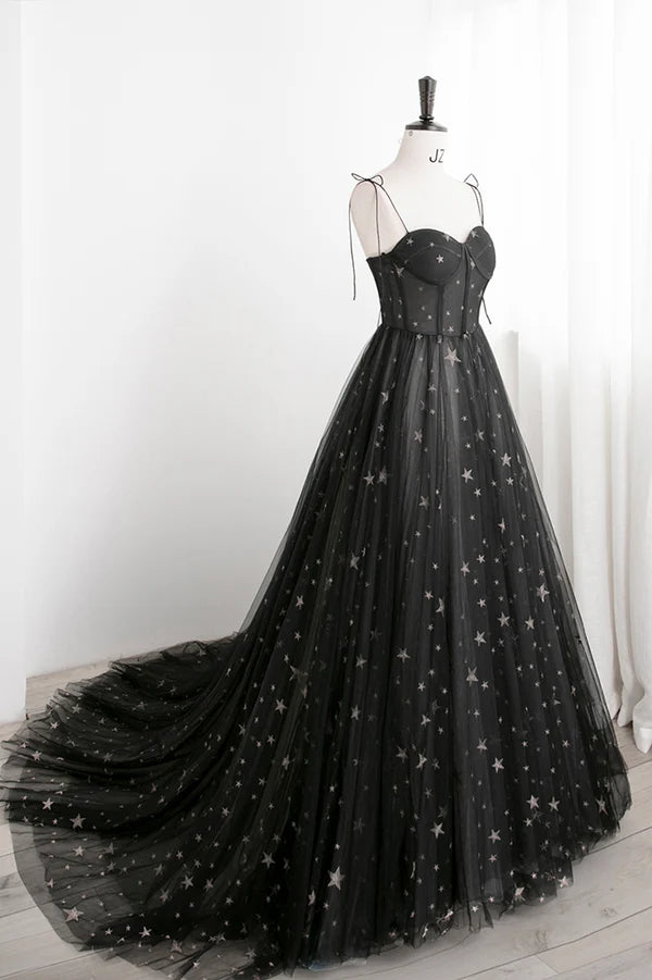 Wholesale Black Tulle Long Prom Dress with Stars Cute Spaghetti Straps Graduation Dress