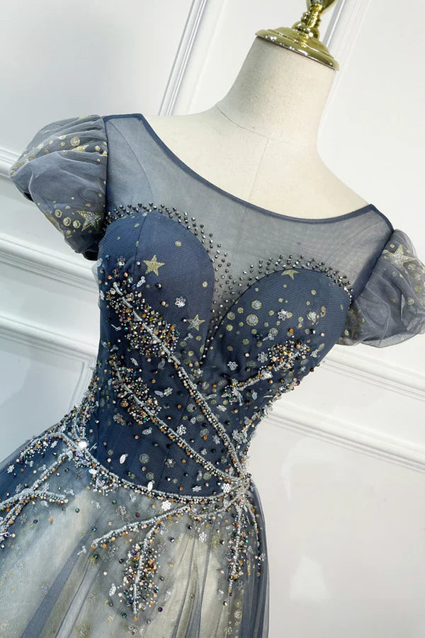 Wholesale Blue Scoop Neckline Tulle Long Prom Dress with Beaded A-Line Evening Party Dress