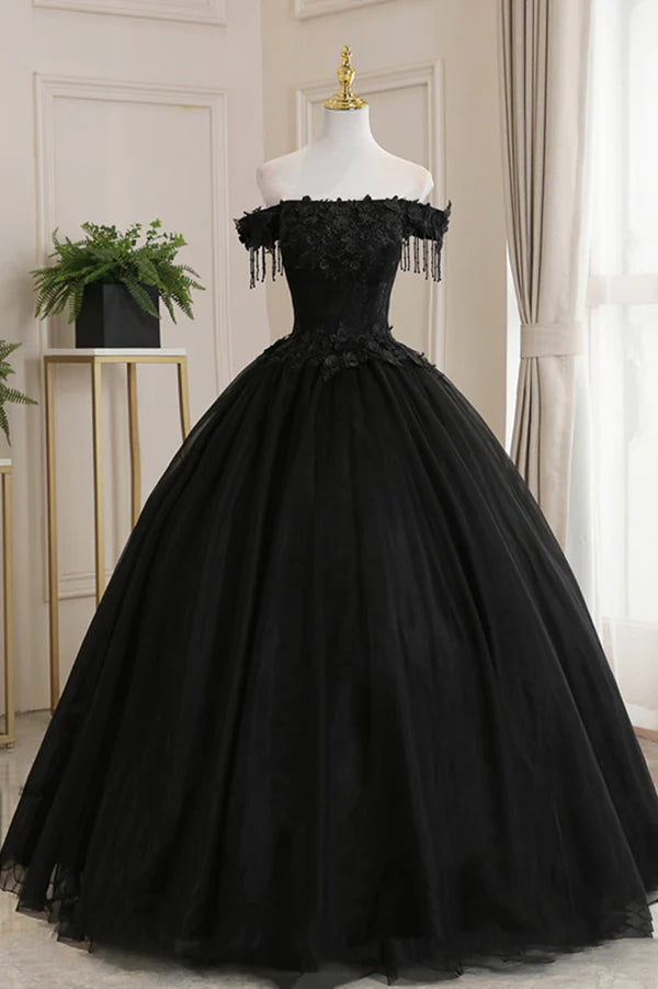 Wholesale Black Tulle Lace Long Prom Dress Black A-Line Evening Gown