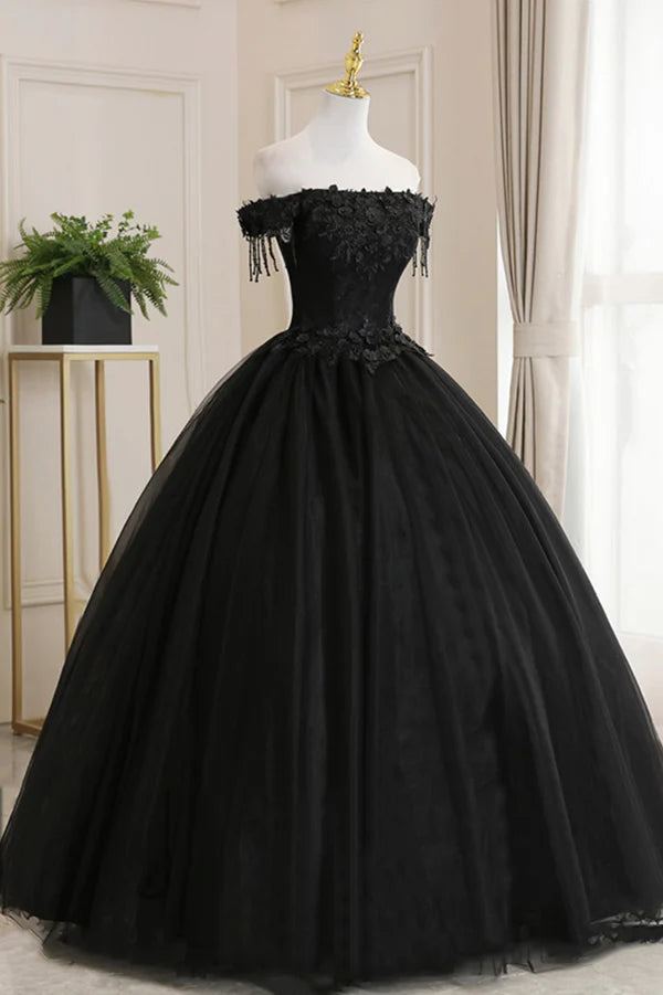 Wholesale Black Tulle Lace Long Prom Dress Black A-Line Evening Gown