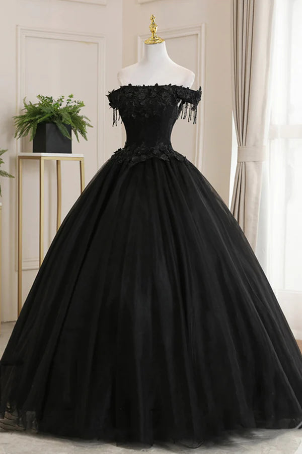 Wholesale Black Tulle Lace Long Prom Dress Black A-Line Evening Gown