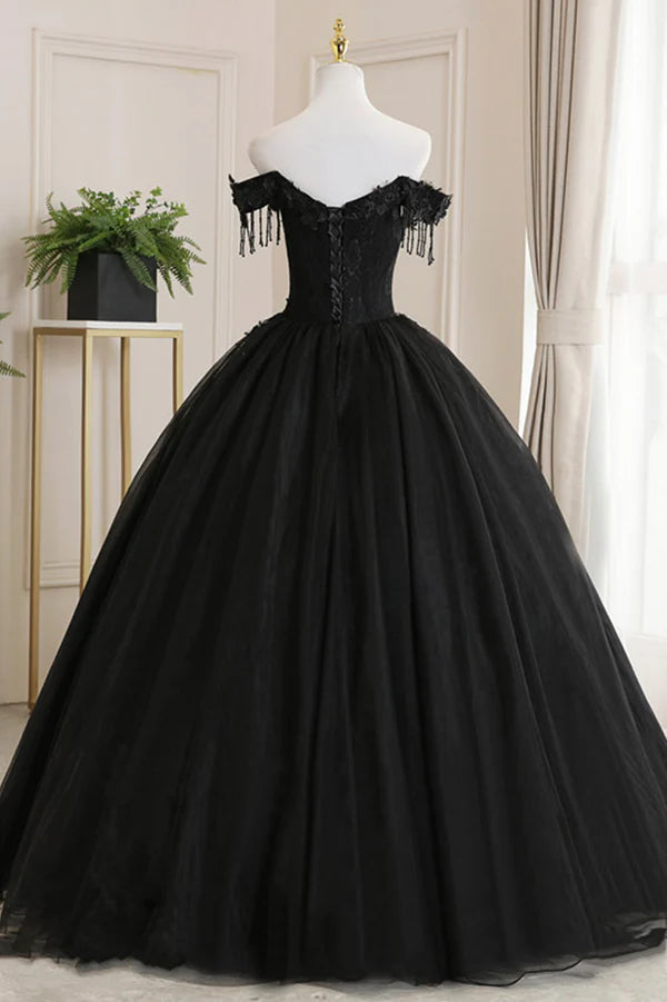 Wholesale Black Tulle Lace Long Prom Dress Black A-Line Evening Gown