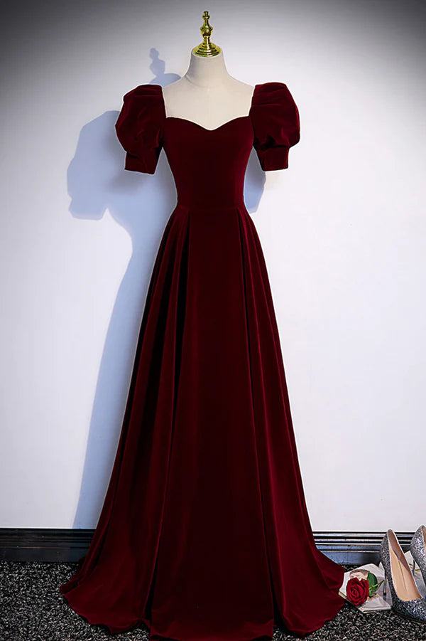 Wholesale Burgundy Velvet Long A-Line Prom Dress Simple Short Sleeve Party Dress