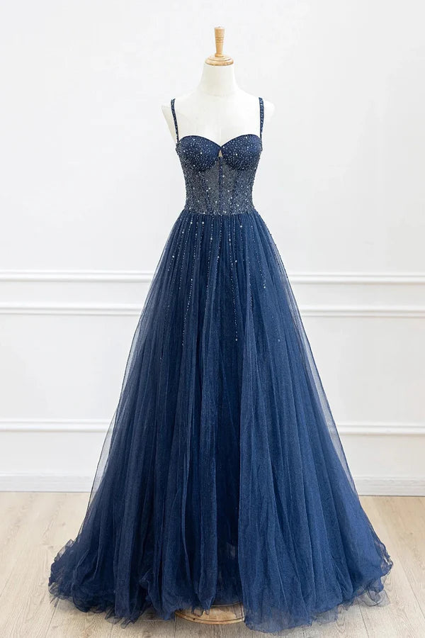 Wholesale Blue Tulle Beaded Long Prom Dress Formal Dress Blue Evening Dress