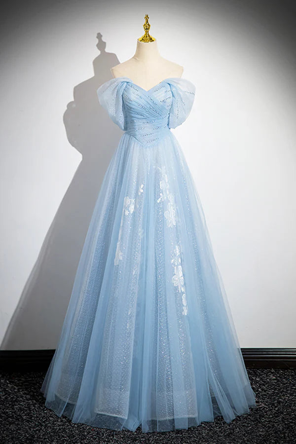 Wholesale Blue Tulle Lace Long Prom Dress Off the Shoulder Evening Party Dress