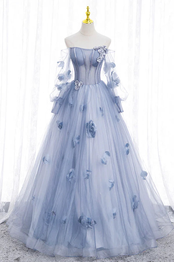 Wholesale Blue Tulle Long Sleeves Formal Dress with Flowers Blue A-Line Prom Dress