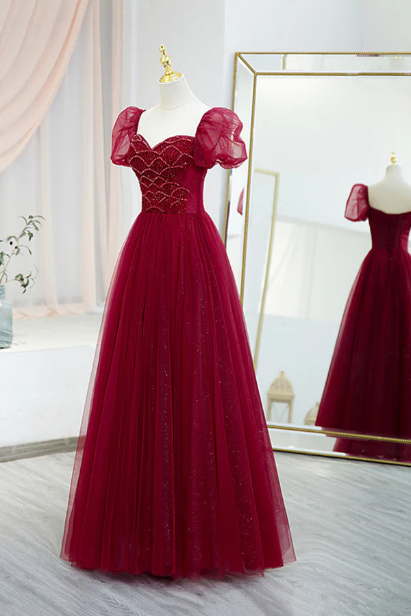 Wholesale Burgundy Tulle Beaded Long Prom Dress A-Line Short Sleeve Evening Dress