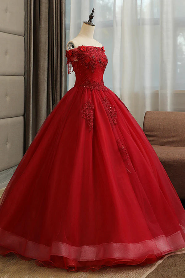 Wholesale Burgundy Tulle Lace Long Prom Dress Burgundy A-Line Evening Gown
