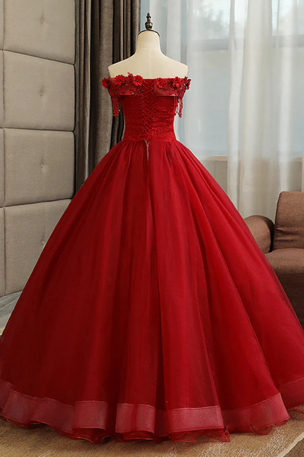 Wholesale Burgundy Tulle Lace Long Prom Dress Burgundy A-Line Evening Gown