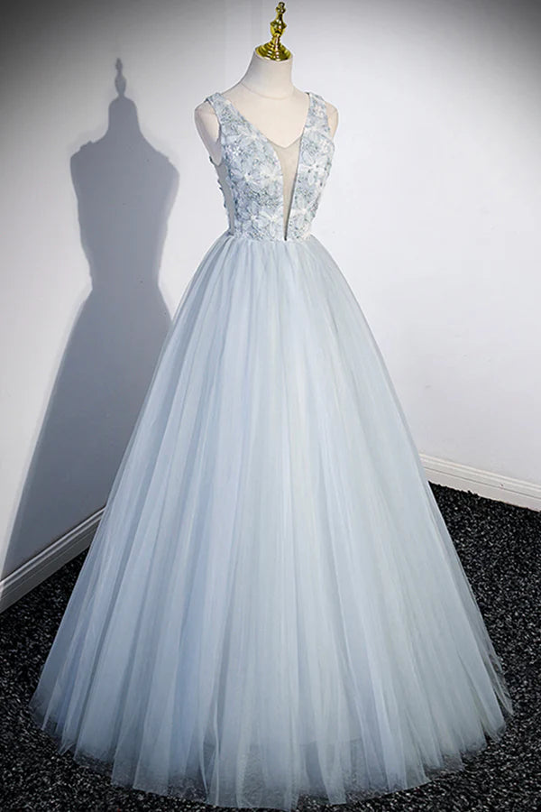 Wholesale Cute V-Neck Tulle Long Prom Dress Gray Evening Dress Party Dress