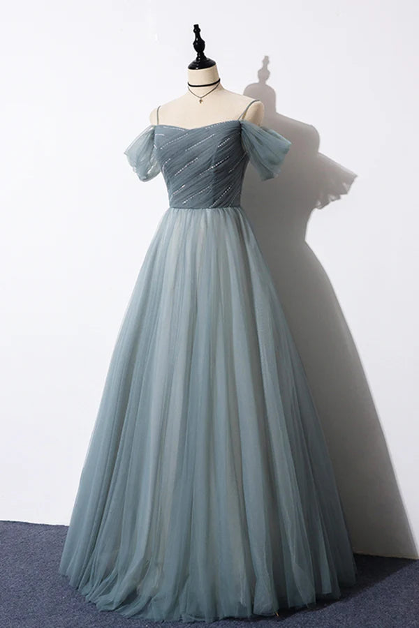 Wholesale Gray Blue Spaghetti Strap Tulle Floor Length Prom Dress Off Shoulder Evening Party Dress