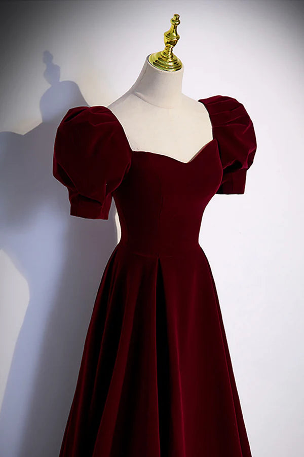 Wholesale Burgundy Velvet Long A-Line Prom Dress Simple Short Sleeve Party Dress